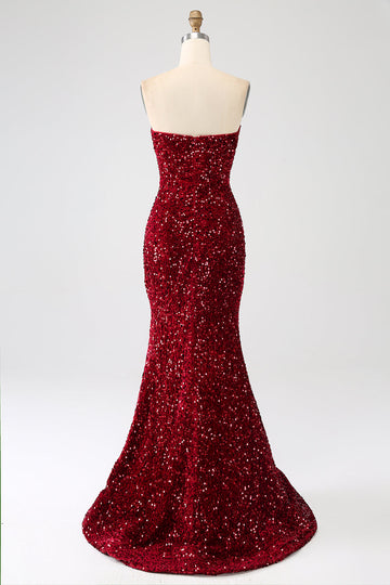 Rosso senza spalline paillettes lungo sirena abito da ballo con fessura